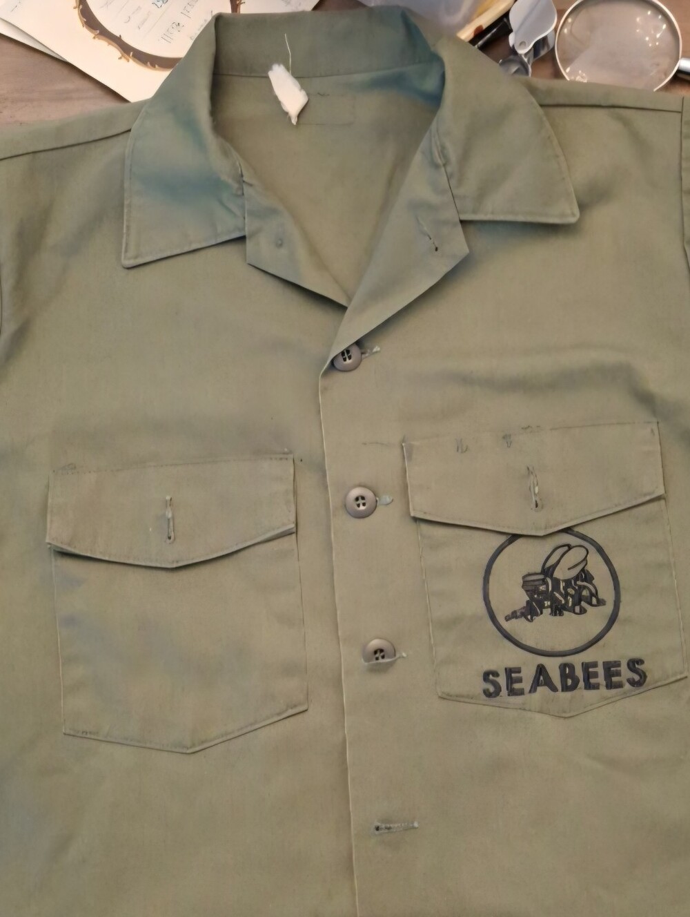 US Navy Seabees Olive Green Military Utility Short Sleeve Shirt Size 46 Chest